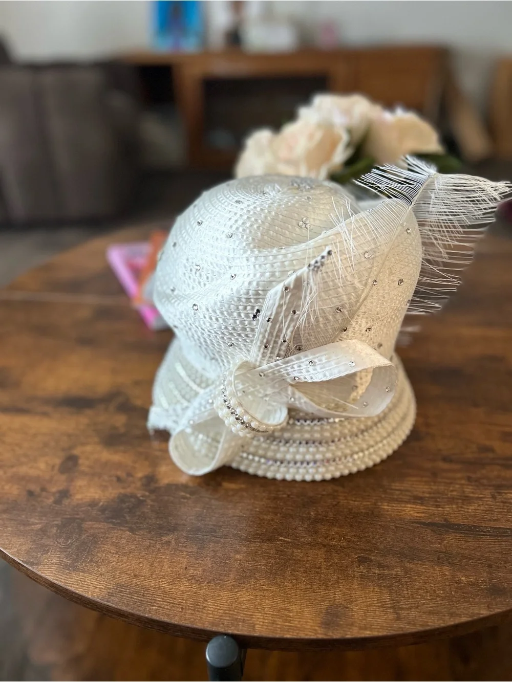 Ivory Embellished Straw Cloche Hat with Feathers